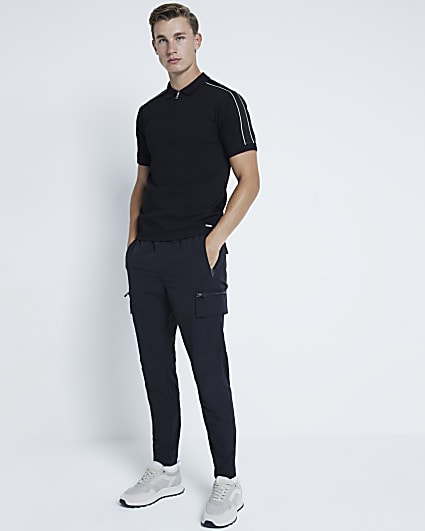 Black Pique Muscle Fit Taped Polo Shirt