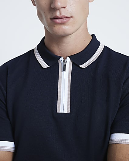 Navy Pique Slim Fit Tipped Polo Shirt