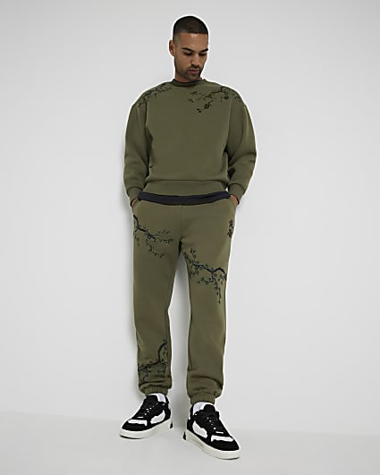 Khaki Regular Fit Floral Print Joggers