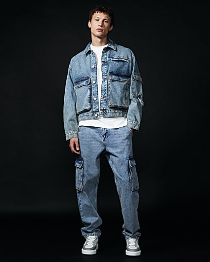 Blue Denim Cargo Washed Jeans