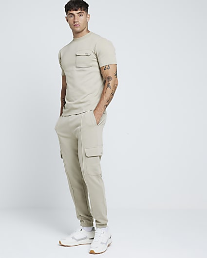 Beige Slim Fit Stretch Textured T-shirt