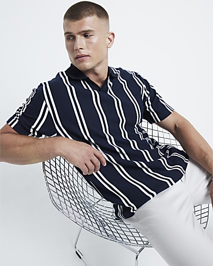 Navy slim fit stretch textured stripe polo