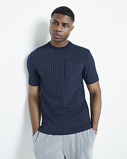 Navy Muscle Pinstripe Stretch T-Shirt