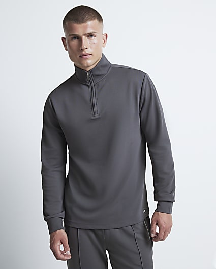 Grey slim fit twill stretch funnel sweatshirt