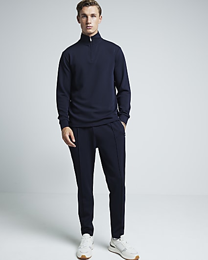 Navy slim fit twill stretch funnel sweatshirt