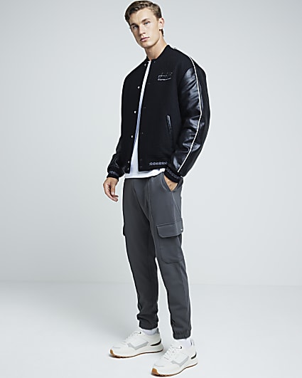 Grey slim fit stretch textured cargo joggers