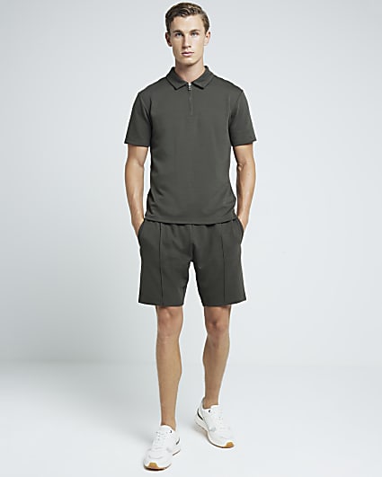 Khaki slim fit textured shorts