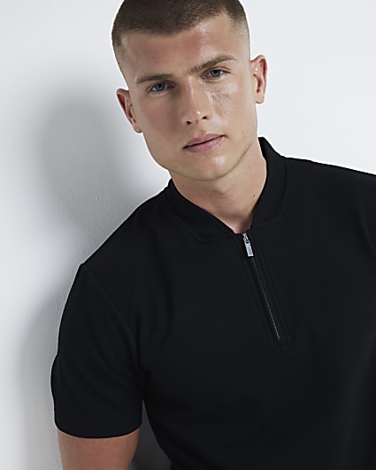 Black slim fit textured half zip polo