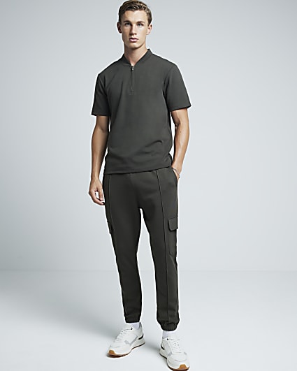 Khaki slim fit textured half zip polo