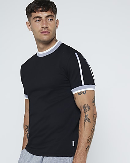 Black slim fit stretch textured taped t-shirt