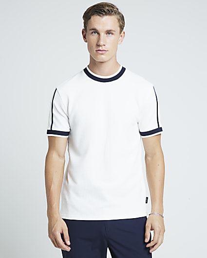 White slim fit stretch textured taped t-shirt