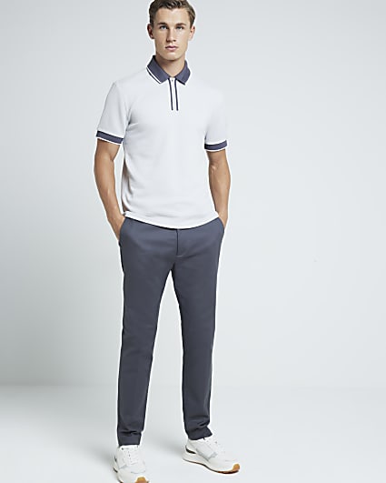 Grey slim fit textured tipped half zip polo