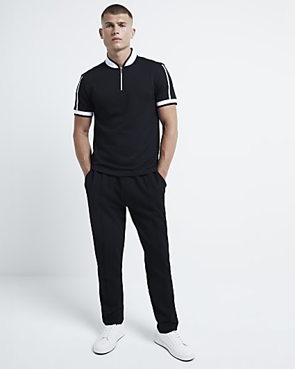 Black slim fit textured baseball polo