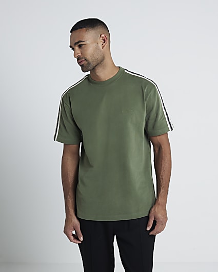 Khaki regular fit crochet trim t-shirt