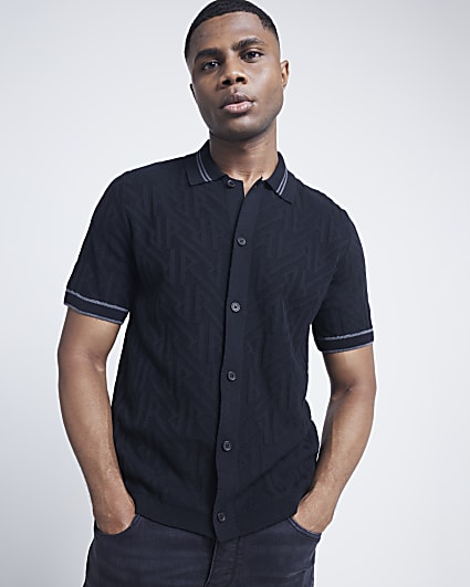 Black Regular Fit Monogram knit Polo Shirt