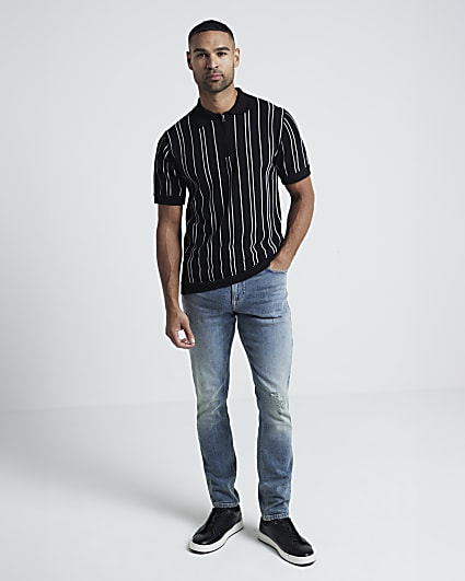 Black slim fit knit stripe half zip polo