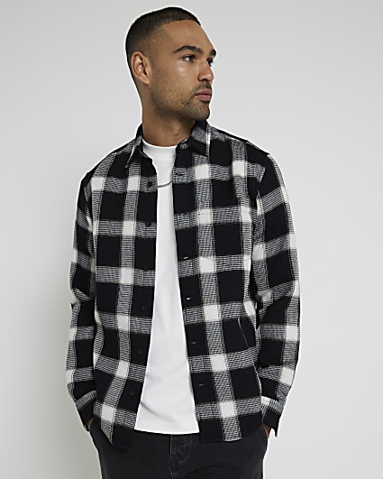 Black Waffle Long Sleeve Check Shirt