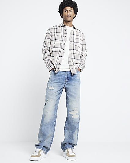 Stone Regular Fit Waffle Texture Check Shirt