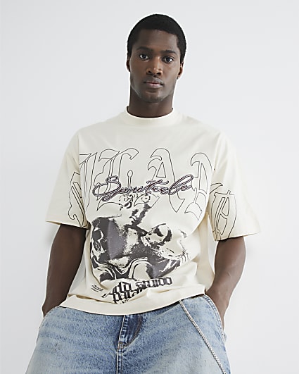 Beige Oversized Short Sleeve Gothic T-Shirt