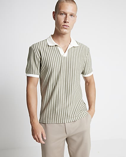 Khaki Regular fit crochet open neck polo