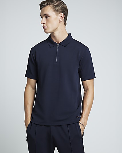 Navy slim fit stretch textured half zip polo