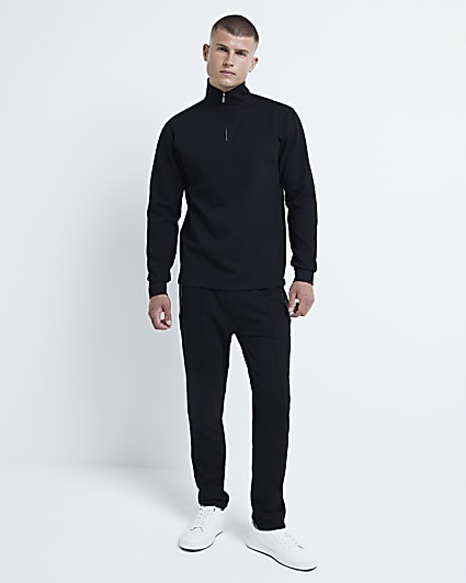 Black slim fit textured half zip sweatshirt