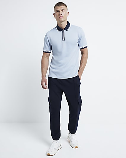 Blue slim fit textured tipped half zip polo