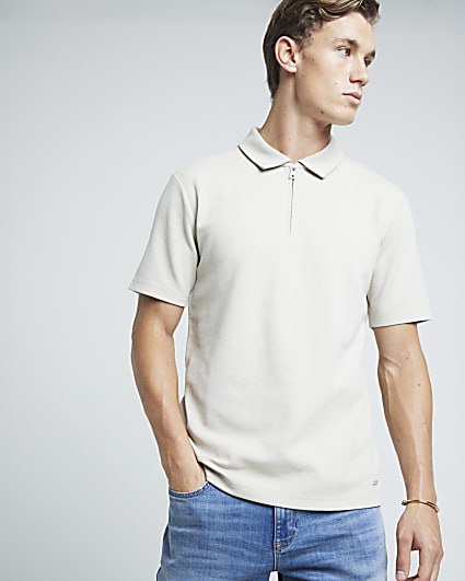 Stone slim fit textured half zip polo