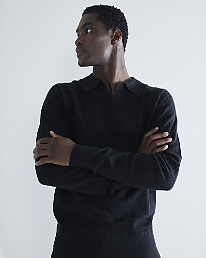 Black Textured Open Neck Polo Shirt