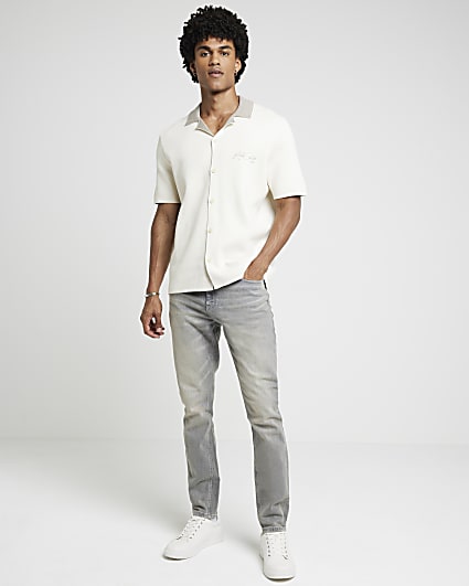 Stone Regular Fit Embroidered Revere Shirt