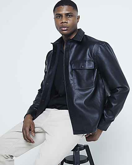 Black Regular Fit Pocket Faux Leather Shirt