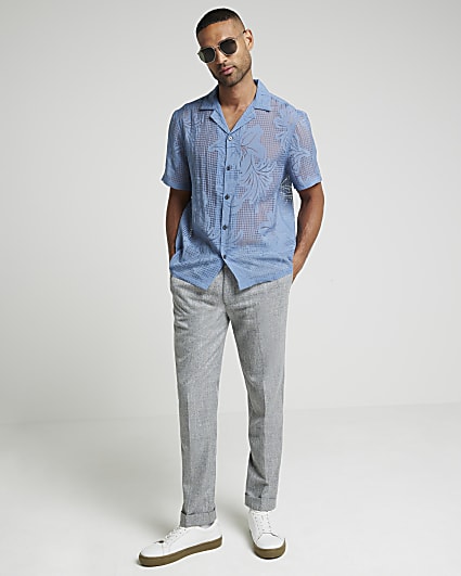 Blue regular fit burnout floral revere shirt