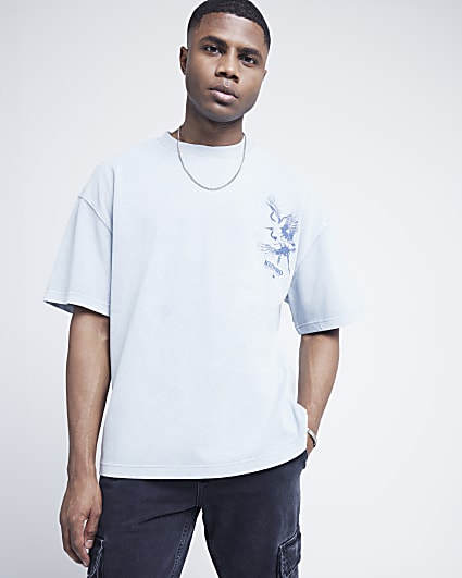 Blue oversized fit crane graphic t-shirt