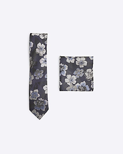 Navy Floral Tie And handkerchief Set