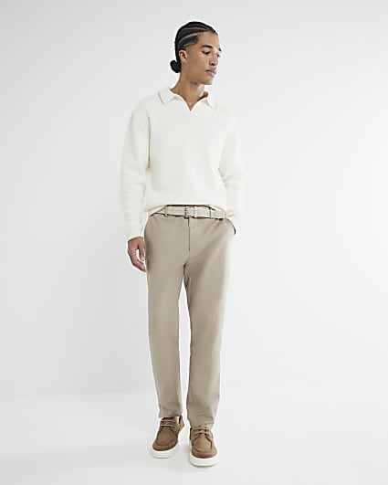 Beige Slim Fit Belted Chinos