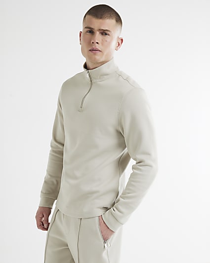 Beige Slim Fit Funnel Polo Sweatshirt