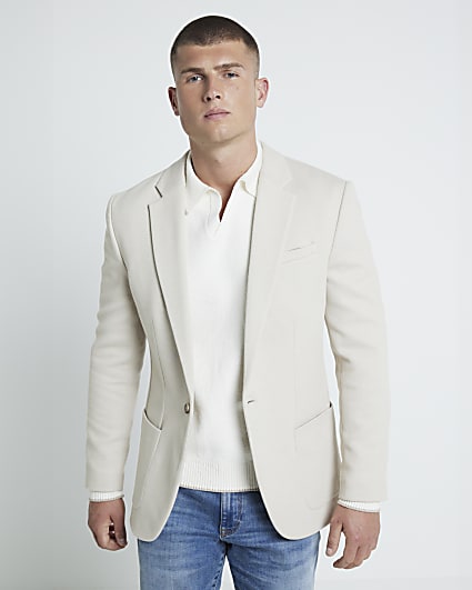 Beige Slim Fit Jersey Blazer