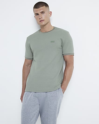 Khaki slim fit textured badge t-shirt