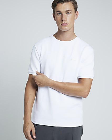 White slim fit textured badge t-shirt