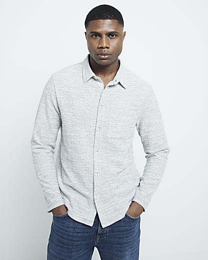 Khaki regular fit textured long sleeve shirt