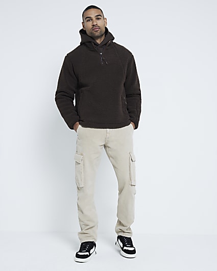 Brown Relaxed Fit Borg Half Zip Jumper