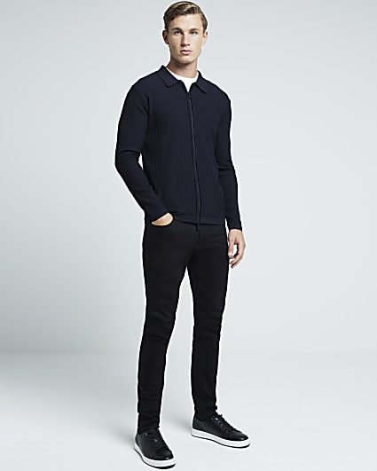 Black slim fit stretch textured zip up jumper