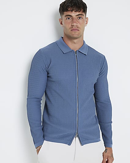 Blue slim fit stretch textured zip up jumper