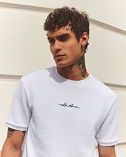 White slim fit stretch embroidery t-shirt