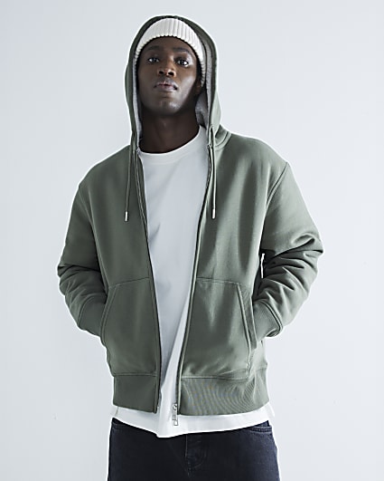 Khaki Regular Fit Borg Lined Hoodie