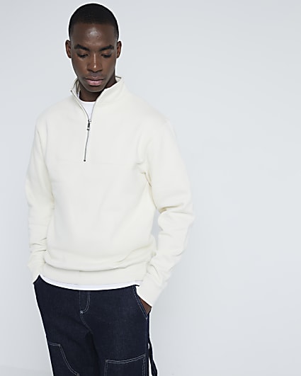 Cream regular fit zip funnel sweatshirt