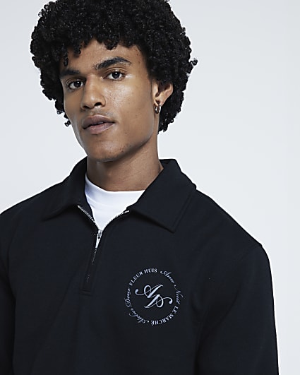 Black regular fit graphic half zip sweatshirt