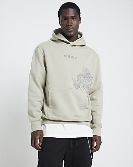 Khaki regular fit japanese embroidered hoodie