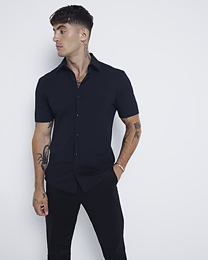 Black slim fit stretch short sleeve shirt