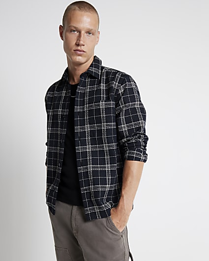 Black regular fit waffle texture check shirt